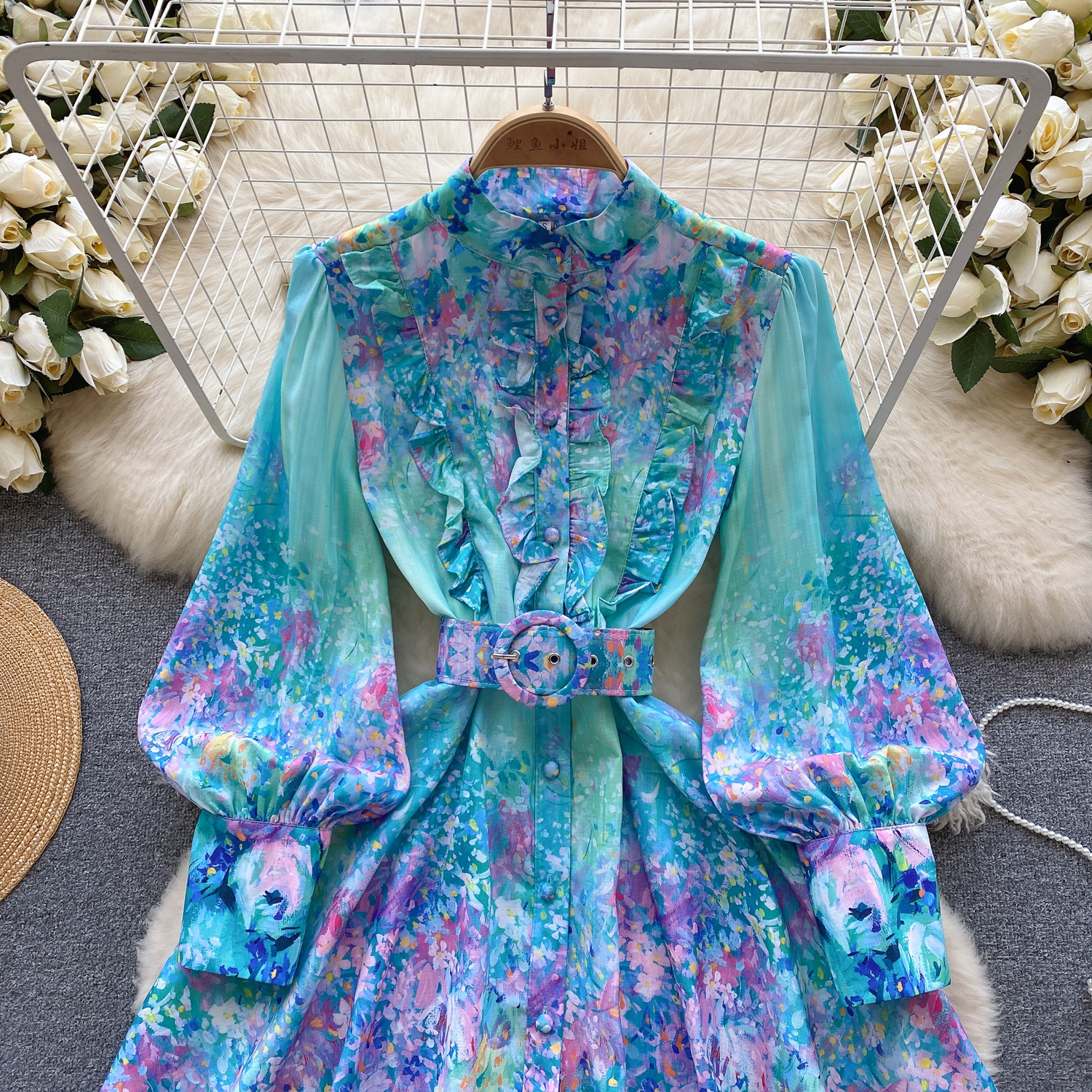 A Line Casual Dresses Clothing New Runway Holiday Flower Mini Dress New Womens Stand Collar Long Lantern Sleeve Floral Print Belt Sweet Vestidos