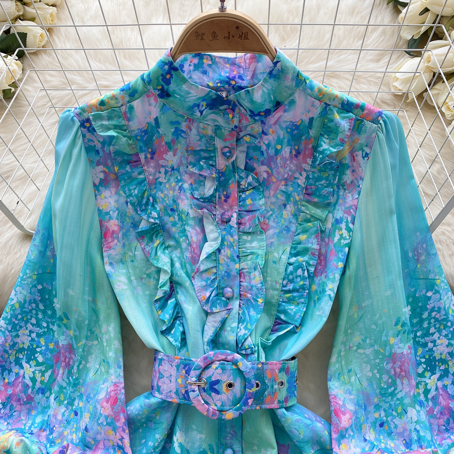 A Line Casual Dresses Clothing New Runway Holiday Flower Mini Dress New Womens Stand Collar Long Lantern Sleeve Floral Print Belt Sweet Vestidos