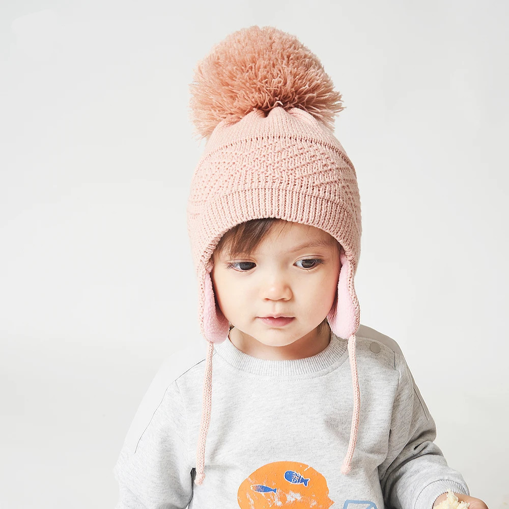 Caps Hats Winter Kids Hat Big Pompom Cartoon Cotton Knit Baby Beanie Hats for Boys and Girls with Fleece Lining Bomber Caps for Children 231202