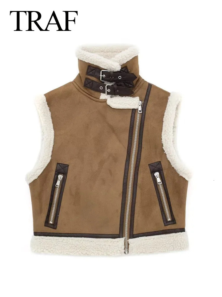Womens Vests TRAF Autumn Female Fashion Faux Leather Lambswool Patchwork Sleeveless Vest Jacket Thickening Warm Zip Waistcoats Coat 231202