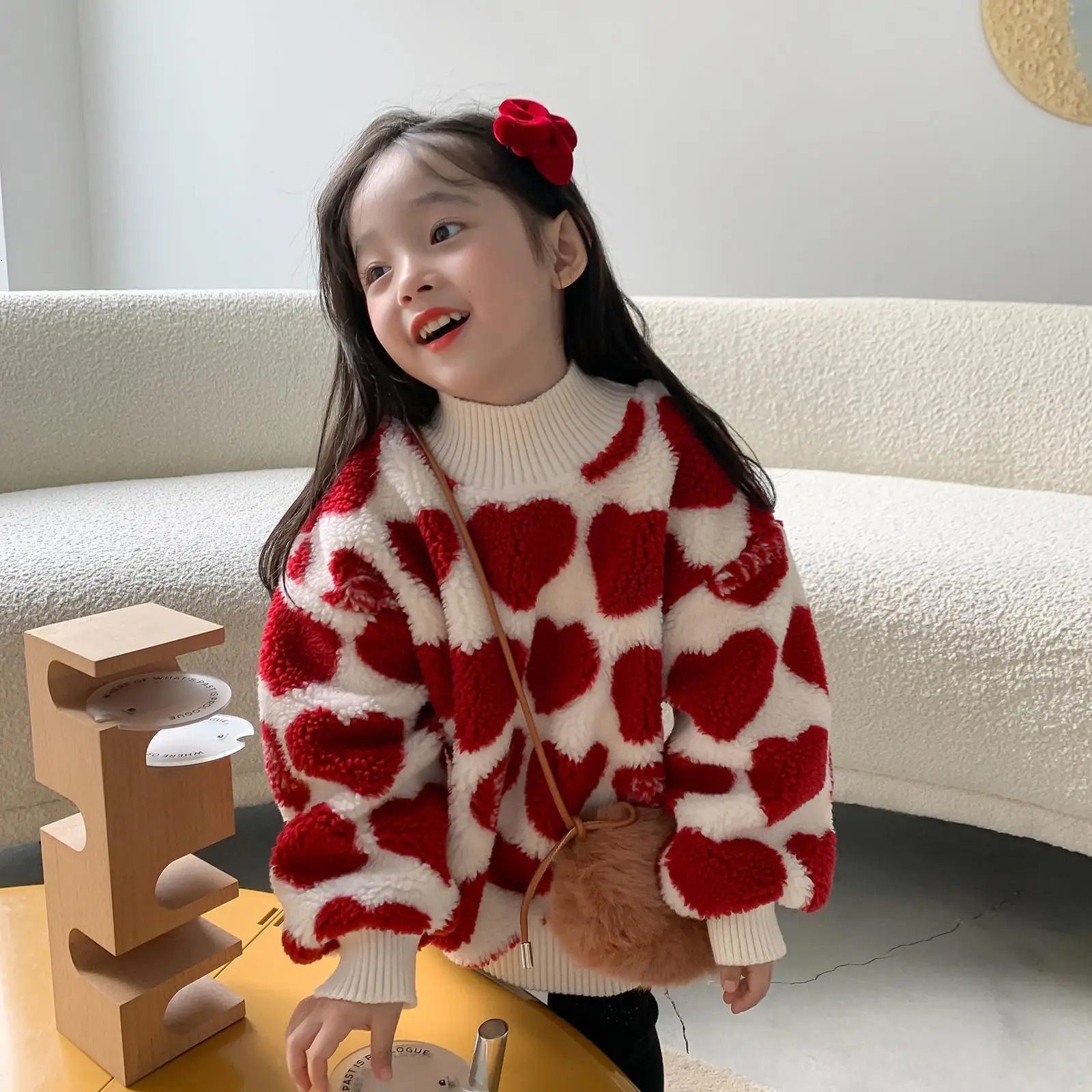 Clothing Sets Winter Girls Cute Heart Thick Warm Fleece Sweatshirts Baby Kids Children Pullover Top Outerwear 231202