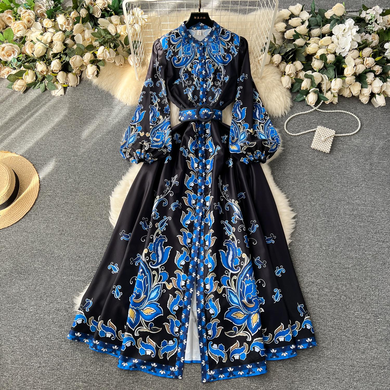 Casual Dresses Autumn Runway Blue Flower Dress Womens Stand Long Sleeve Single Breasted Floral Print Belt Holiday Boho Maxi Vestidos