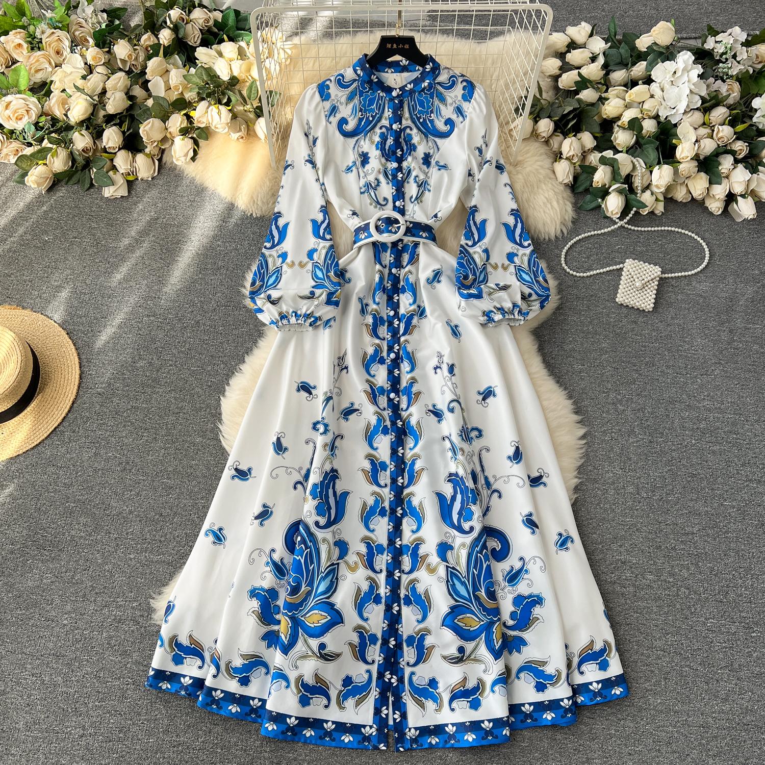 Dresses Autumn Runway Blue Wer Dress Women's Stand Long Sleeve Single Breasted Ral Print Belt Holiday Boho Maxi Vestidos 2024