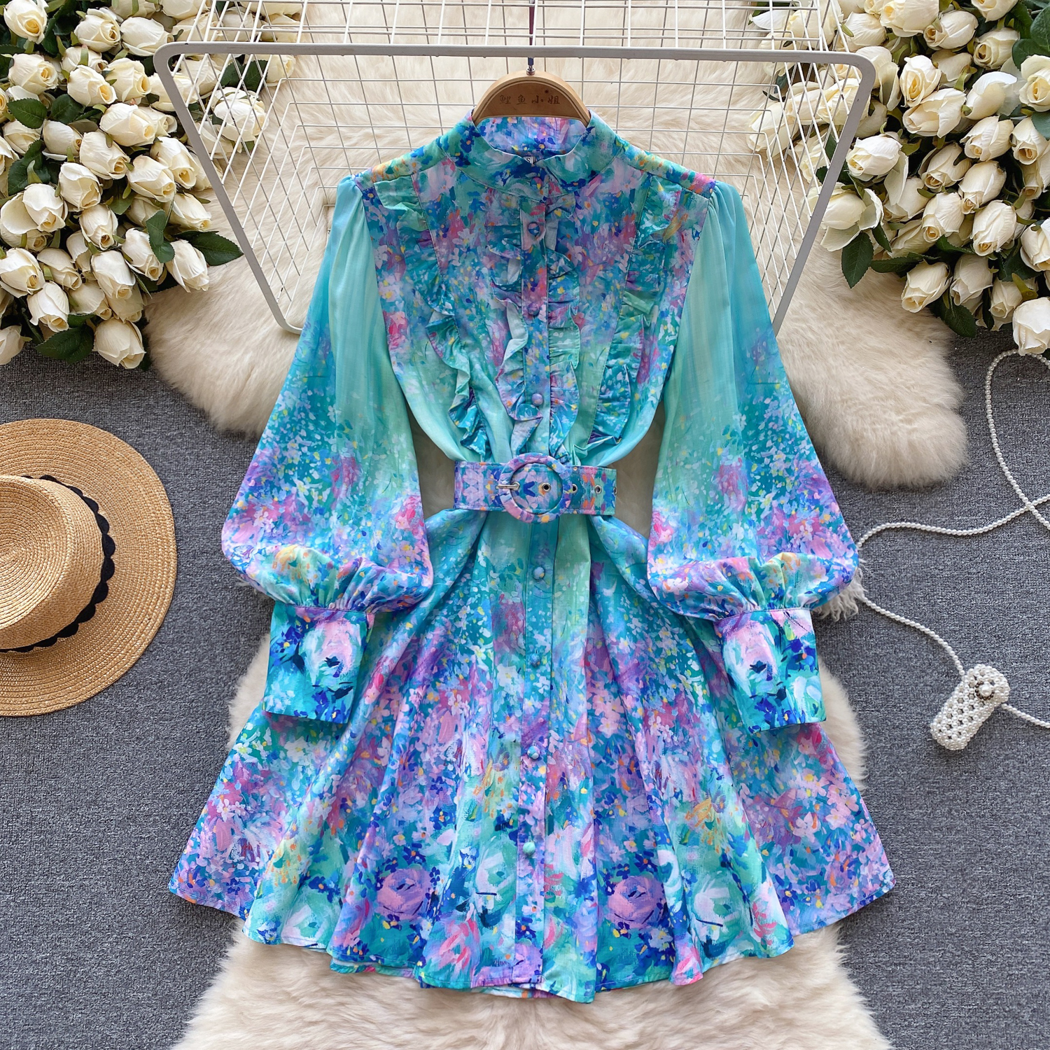 A Line Casual Dresses Clothing New Runway Holiday Flower Mini Dress New Womens Stand Collar Long Lantern Sleeve Floral Print Belt Sweet Vestidos