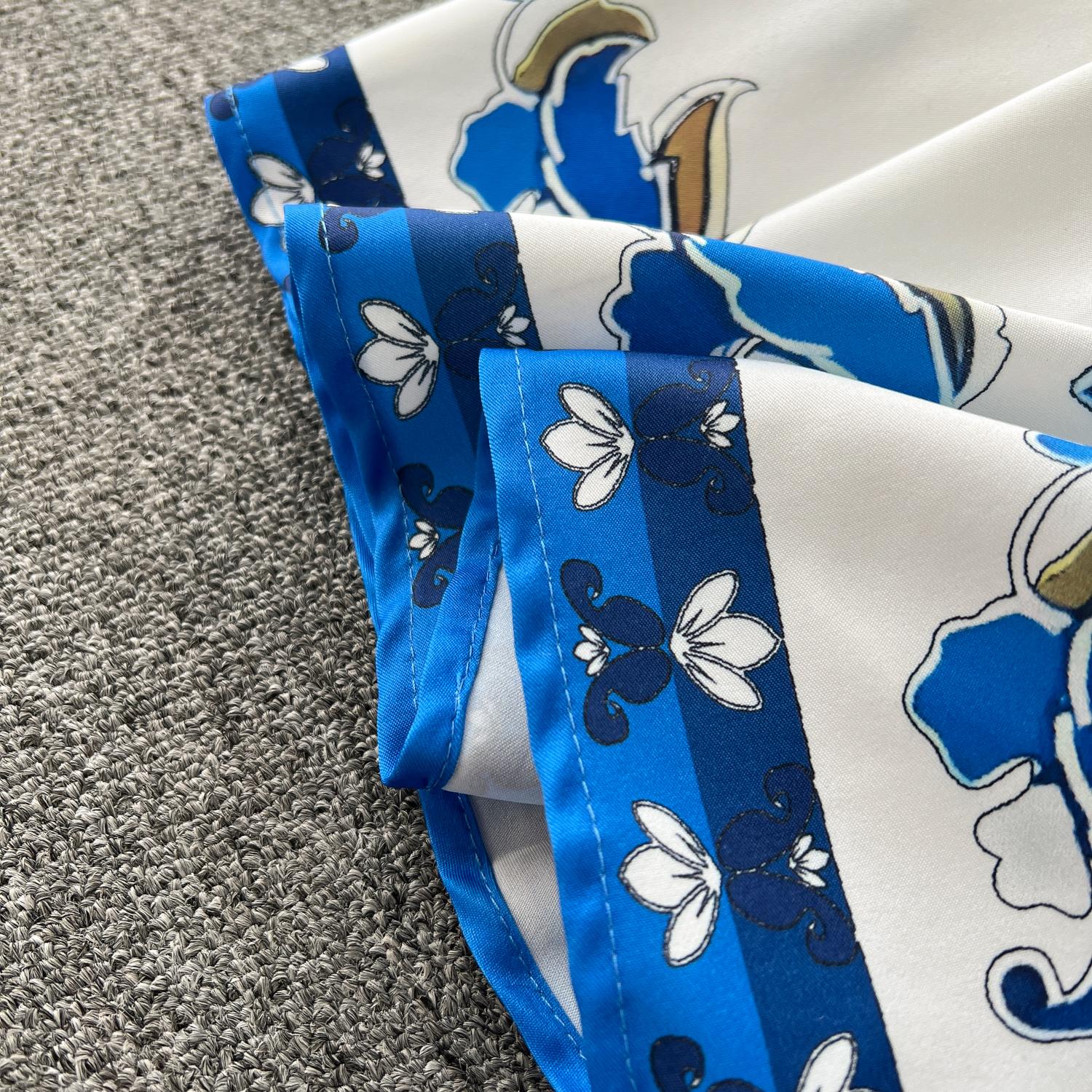Casual Dresses Autumn Runway Blue Flower Dress Womens Stand Long Sleeve Single Breasted Floral Print Belt Holiday Boho Maxi Vestidos