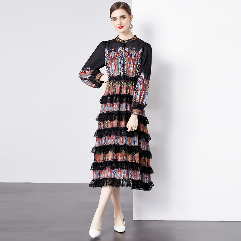 Casual Dresses Spring Runway Silk Chiffon Lace Cascading Dress Womens O-Neck Lantern Sleeve Oil Painting Printing Long Robe