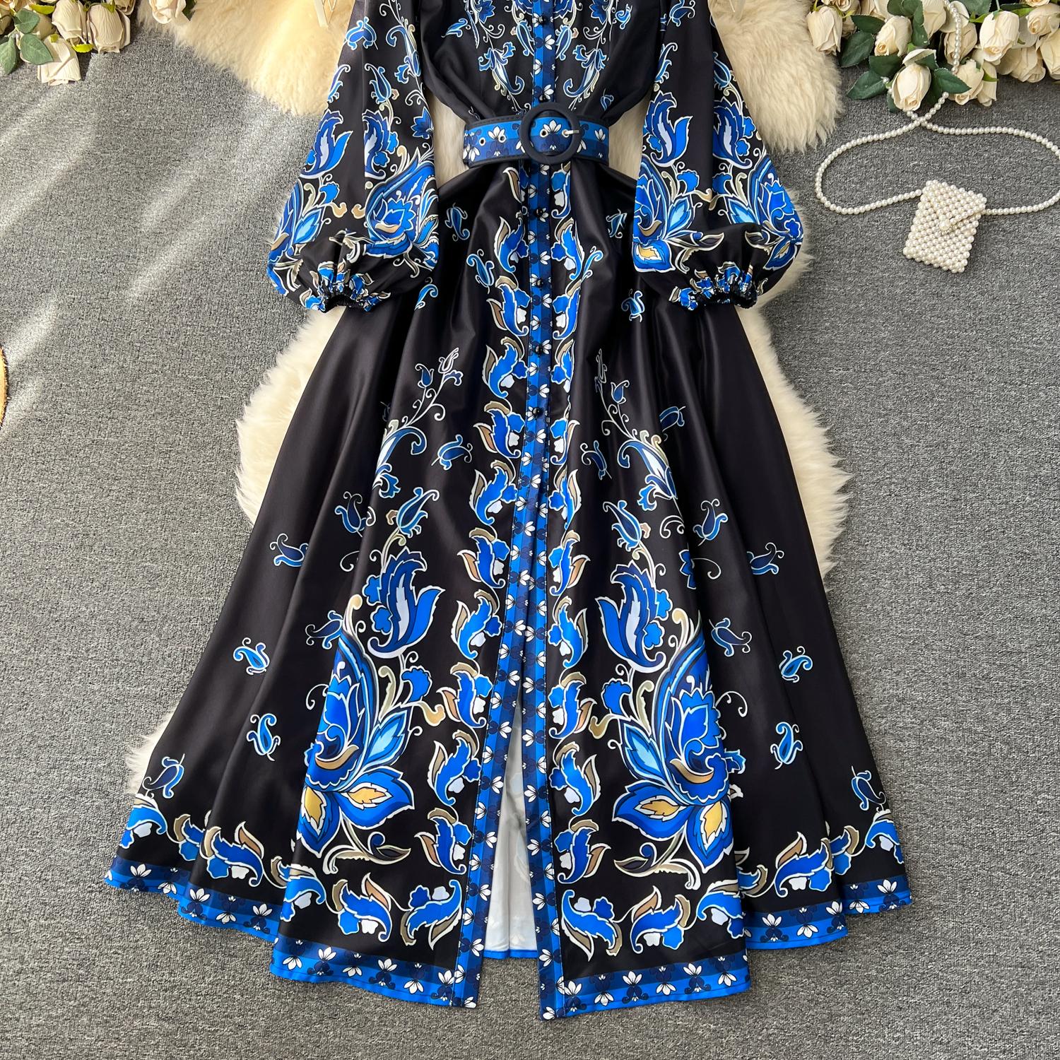 Casual Dresses Autumn Runway Blue Flower Dress Womens Stand Long Sleeve Single Breasted Floral Print Belt Holiday Boho Maxi Vestidos