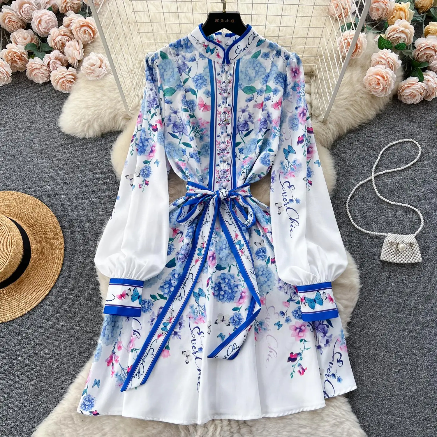 Casual Dresses New Spring Runway Wer Short Dress Women's Stand Collar Long Lantern Sleeve Ral Print Lace Up Belt Mini Vestidos 2025
