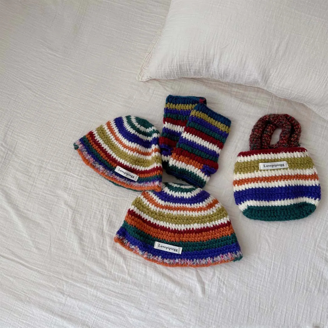 Caps Hats Autumn Winter Striped Mother Kids Knitted Hat Vintage Hand Hook Colorful Wool Hat Handbag Warm Knitted Gloves 231202