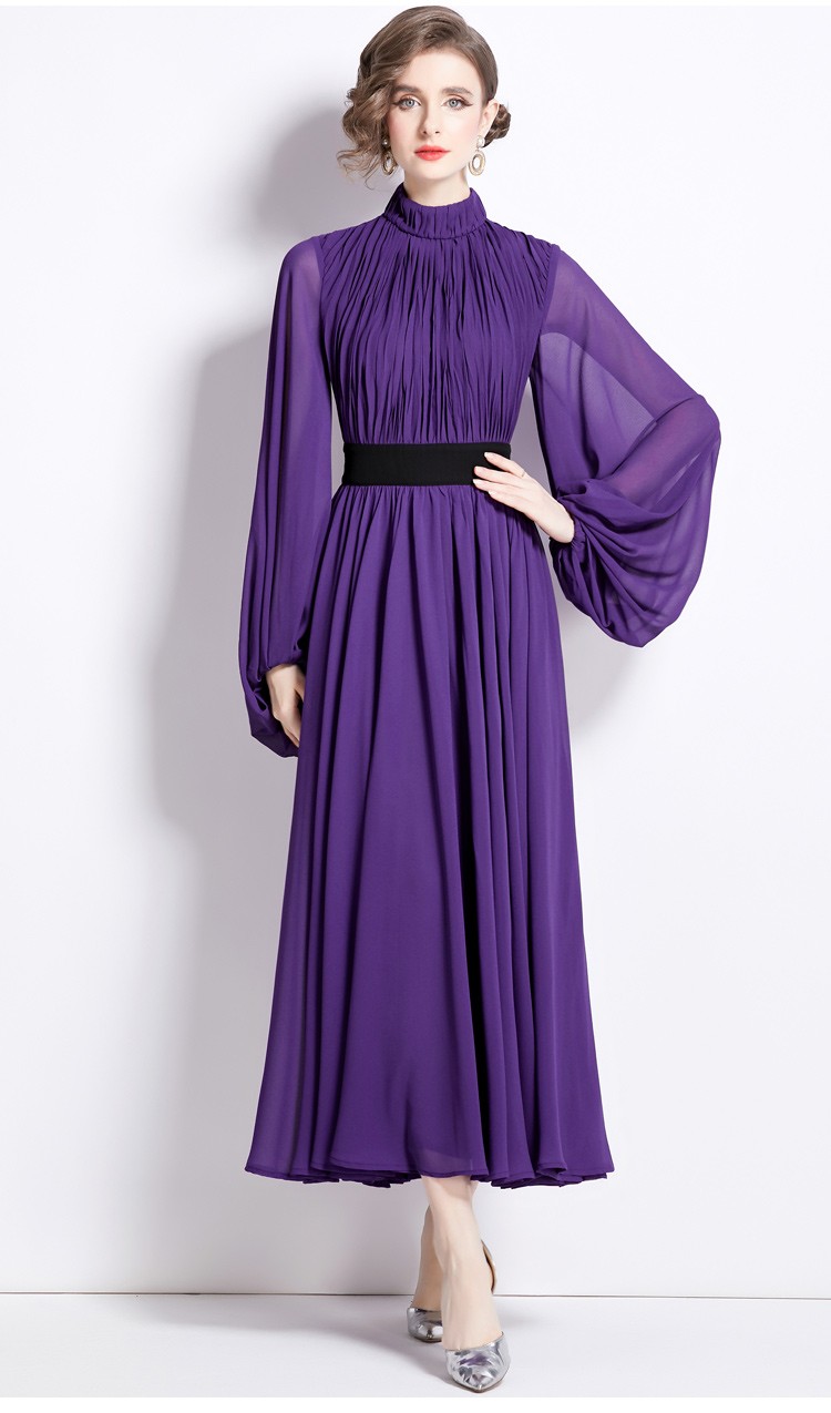 Casual Dresses Spring Runway Lantern Sleeve Chiffon Maxi Dress Women Elegant Stand Purple Pleated Party Evening Holiday Robes