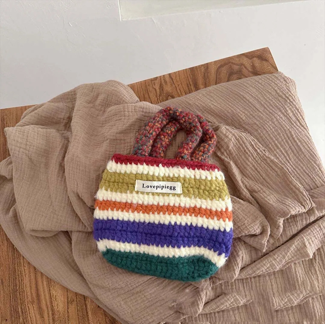 Caps Hats Autumn Winter Striped Mother Kids Knitted Hat Vintage Hand Hook Colorful Wool Hat Handbag Warm Knitted Gloves 231202