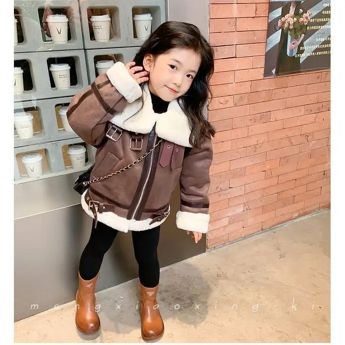 Jackets Baby Girls Woolen Fur Coat Winter Children's Clothes Korean Thickened Plush Warm Turn Down Collar Fashionable 4-12 Years V27 231202