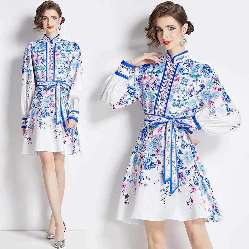 Casual Dresses New Spring Runway Wer Short Dress Women's Stand Collar Long Lantern Sleeve Ral Print Lace Up Belt Mini Vestidos 2025