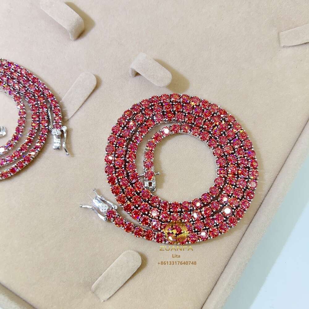 New Fresh Products Wholesale Price 3mm S Tennis Necklace Vvs1 Colorful Red Moissanite Chain
