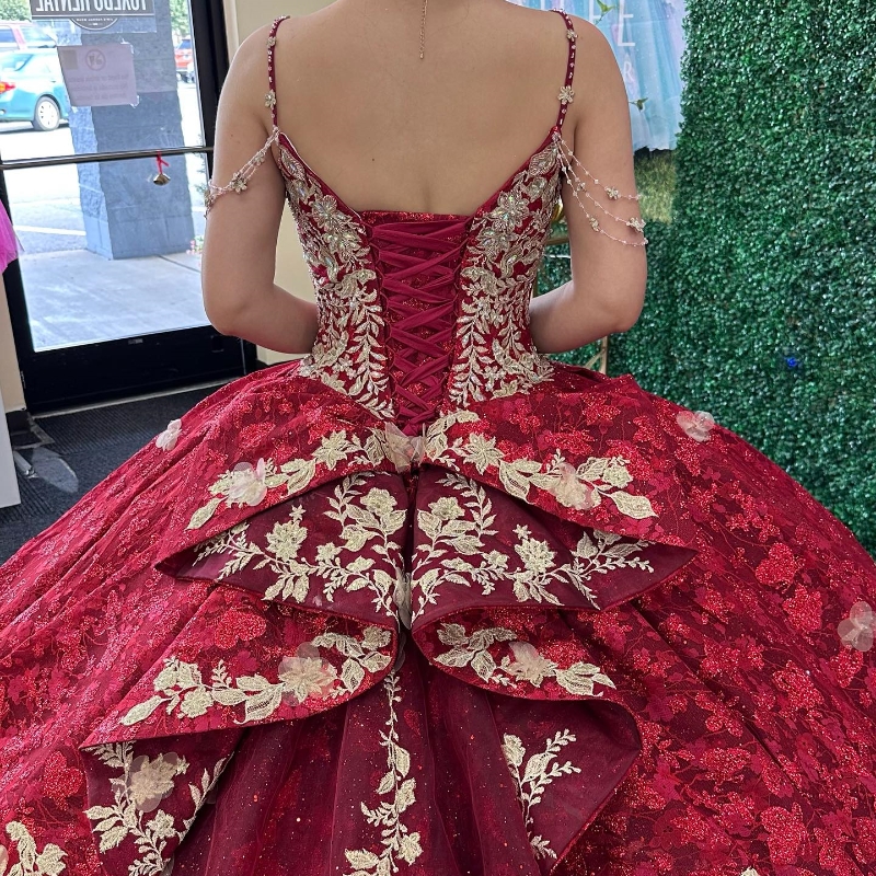 Sparkly Red Spaghetti Strap Luxury Quinceanera Dress 2025 Ball Gown Charro Mexican Appliques Flower Beads Dress vestido de 15
