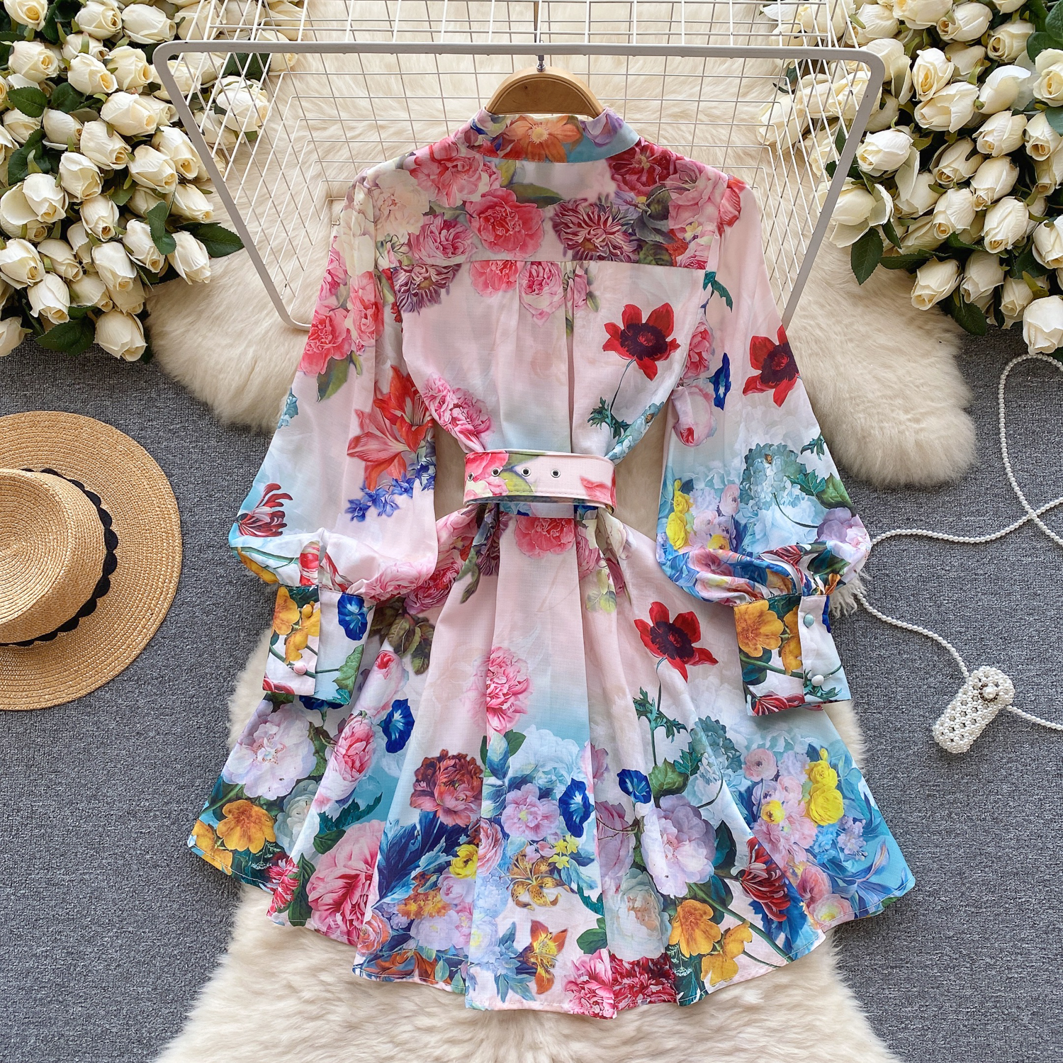 A Line Casual Dresses Clothing New Runway Holiday Flower Mini Dress New Womens Stand Collar Long Lantern Sleeve Floral Print Belt Sweet Vestidos