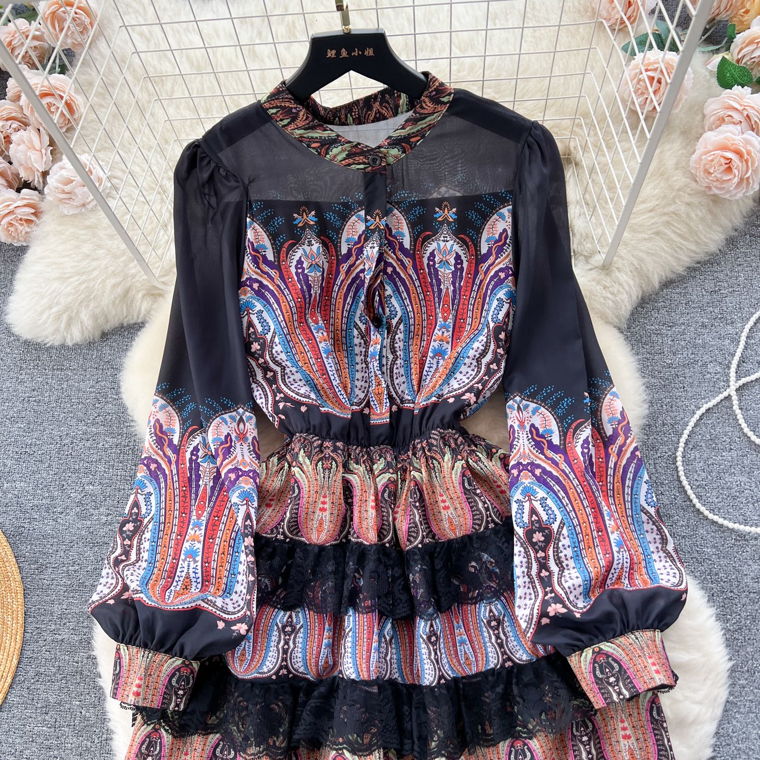 Casual Dresses Spring Runway Silk Chiffon Lace Cascading Dress Womens O-Neck Lantern Sleeve Oil Painting Printing Long Robe