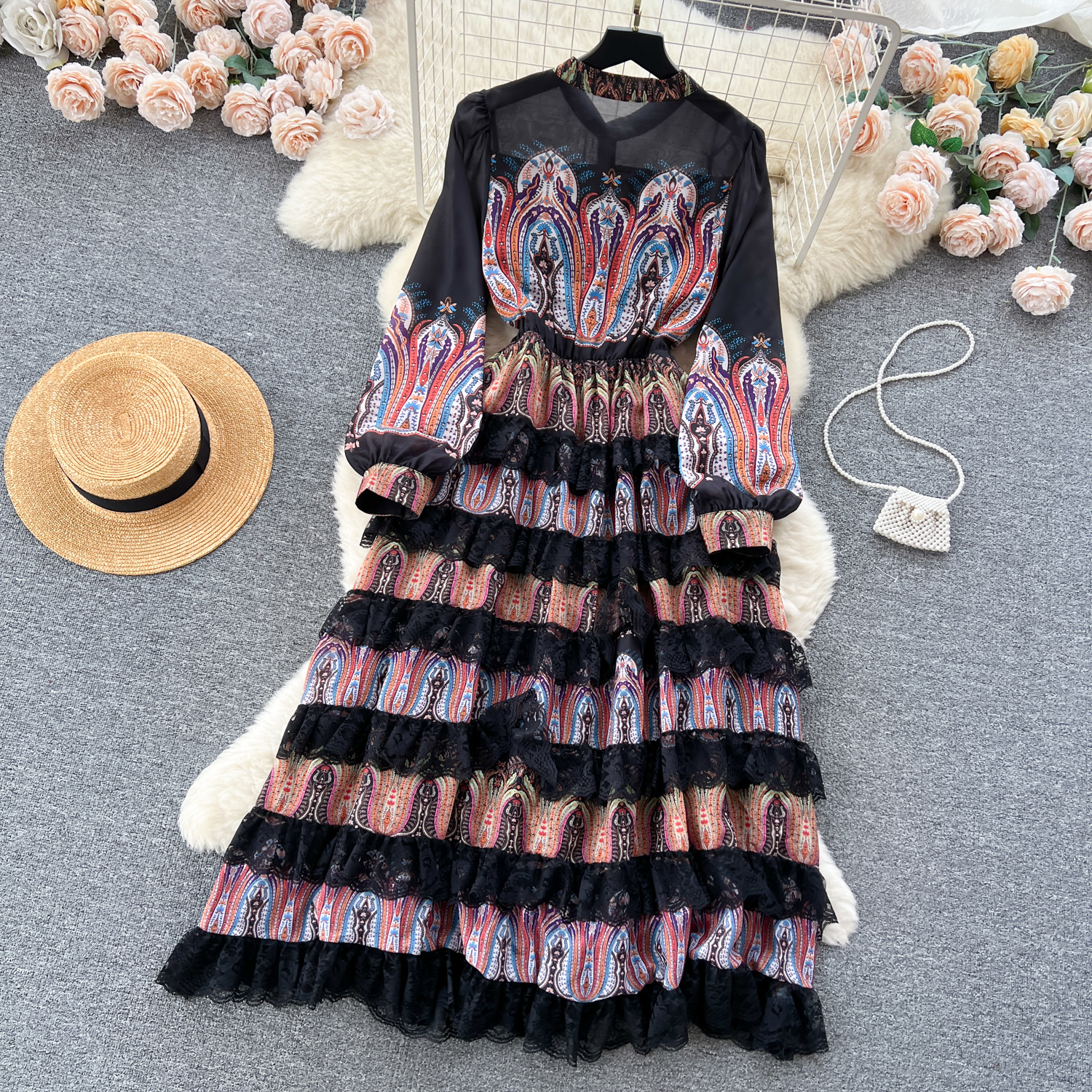 Casual Dresses Spring Runway Silk Chiffon Lace Cascading Dress Womens O-Neck Lantern Sleeve Oil Painting Printing Long Robe