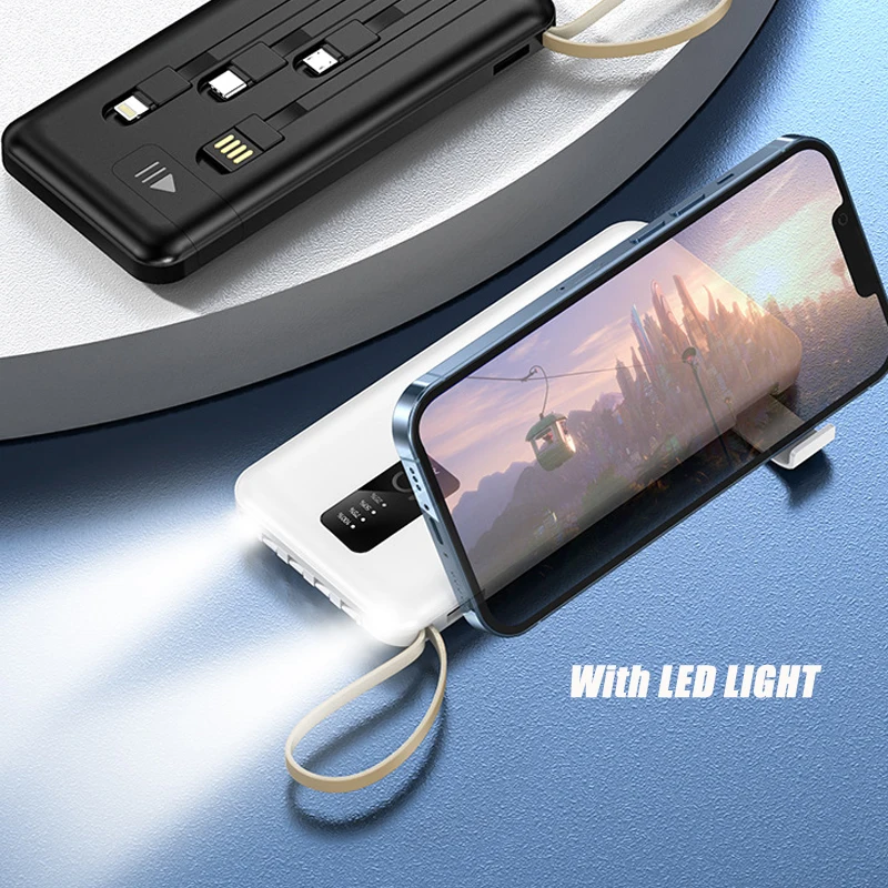 20000mah Power Bank Built in Cable Portable Charger External Battery Pack Powerbank 10000mAh For iPhone Xiaomi Samsung Huawei