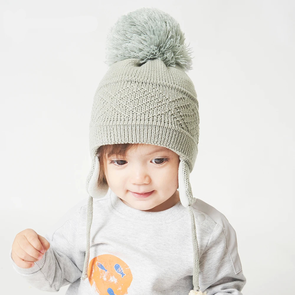 Caps Hats Winter Kids Hat Big Pompom Cartoon Cotton Knit Baby Beanie Hats for Boys and Girls with Fleece Lining Bomber Caps for Children 231202