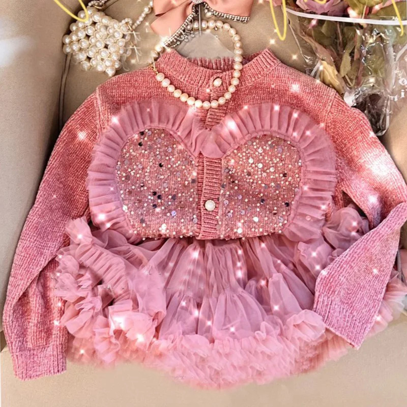 Clothing Sets Princess Girls Clothes Kids Baby Girl Sequins Cardigan Sweater and Tutu Dress Suit for Children Sweet Outfits 2 7Y 231202
