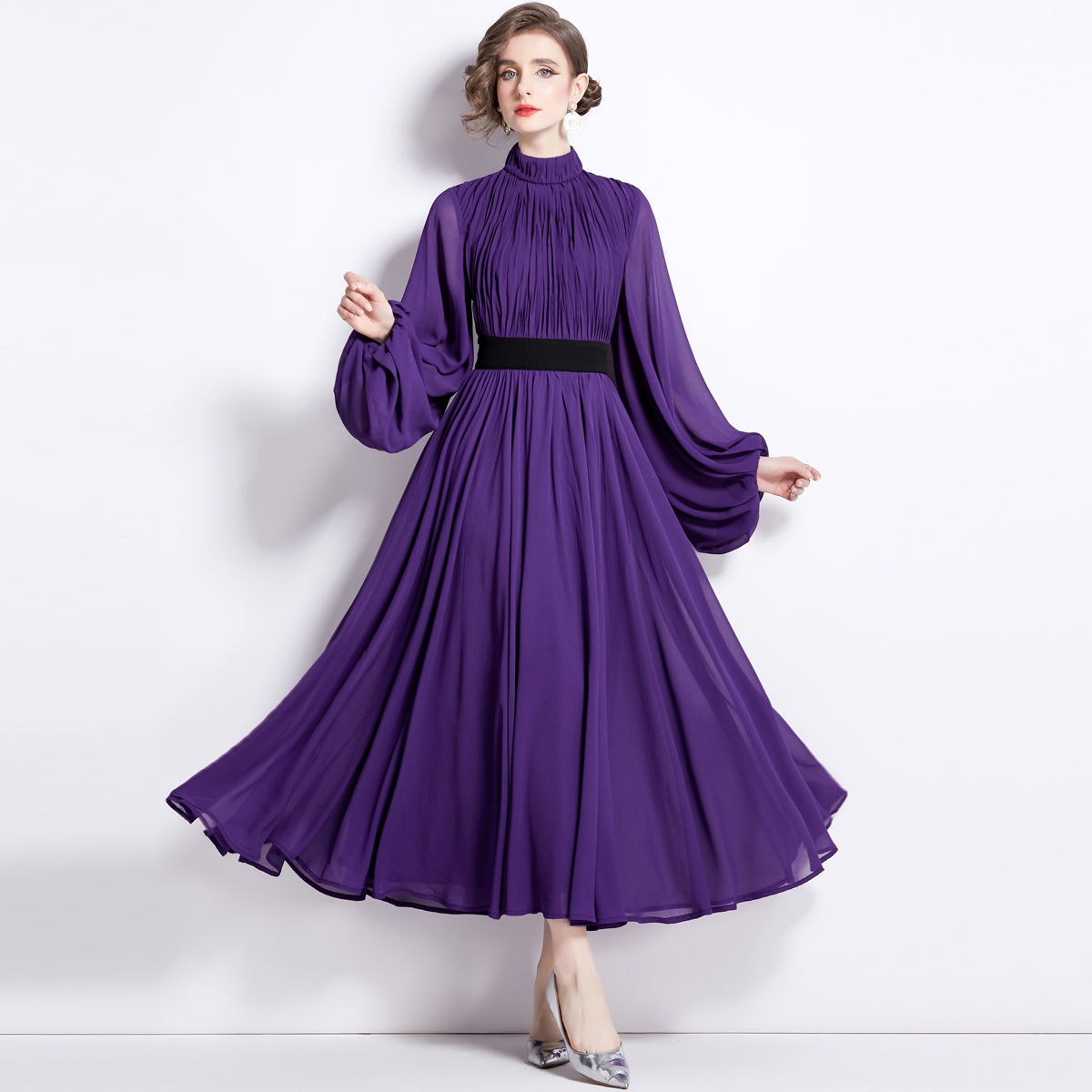 Casual Dresses Spring Runway Lantern Sleeve Chiffon Maxi Dress Women Elegant Stand Purple Pleated Party Evening Holiday Robes