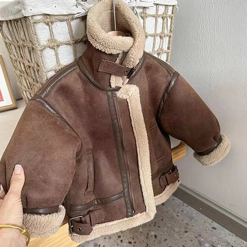 Jackets Girls Jacket Suede Fur Leather Kids Coats Children Outerwear Autumn Winter 23-A72 231202