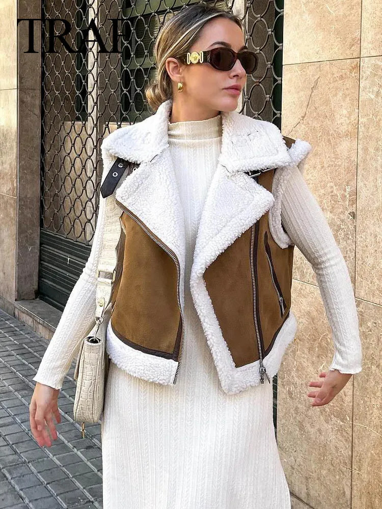 Womens Vests TRAF Autumn Female Fashion Faux Leather Lambswool Patchwork Sleeveless Vest Jacket Thickening Warm Zip Waistcoats Coat 231202