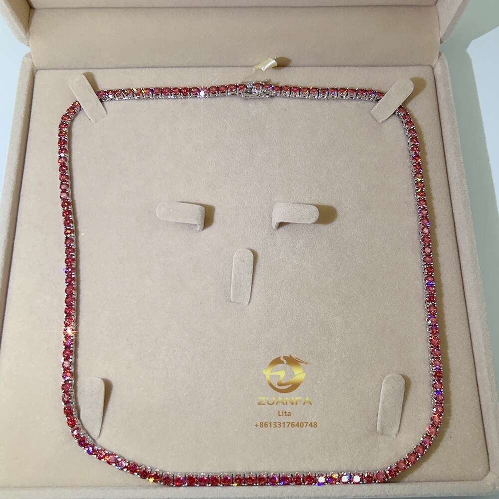 New Fresh Products Wholesale Price 3mm S Tennis Necklace Vvs1 Colorful Red Moissanite Chain