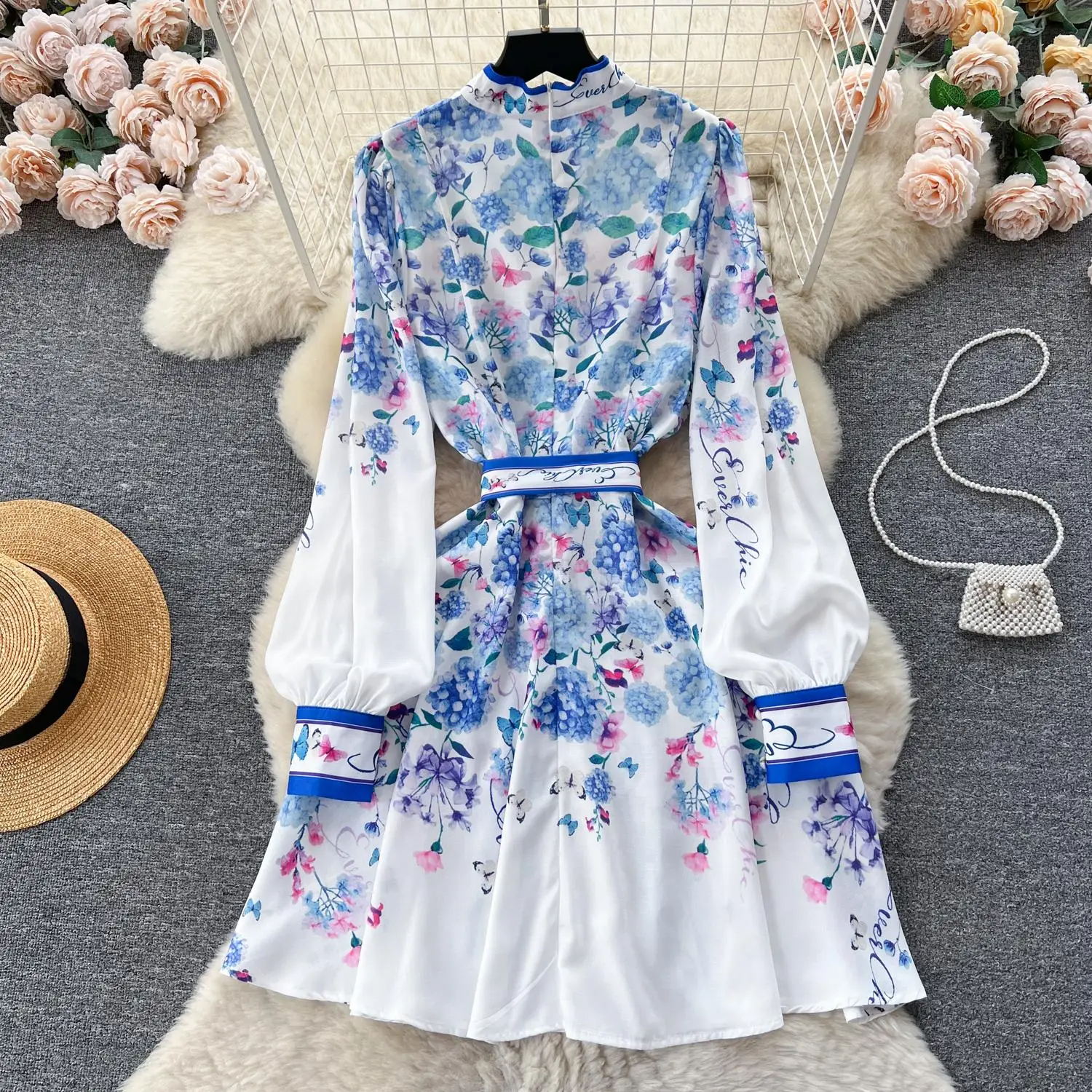 Casual Dresses New Spring Runway Wer Short Dress Women's Stand Collar Long Lantern Sleeve Ral Print Lace Up Belt Mini Vestidos 2025