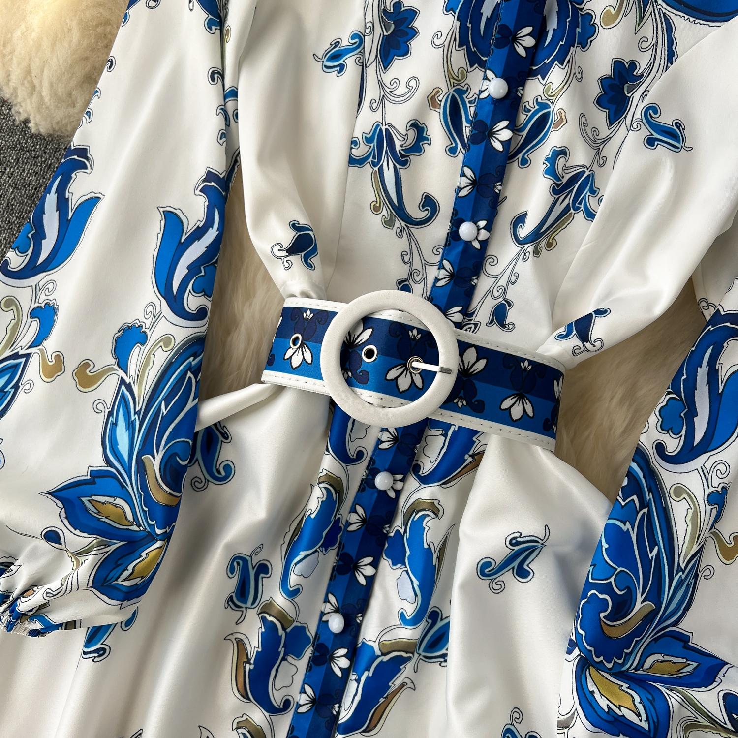Casual Dresses Autumn Runway Blue Flower Dress Womens Stand Long Sleeve Single Breasted Floral Print Belt Holiday Boho Maxi Vestidos
