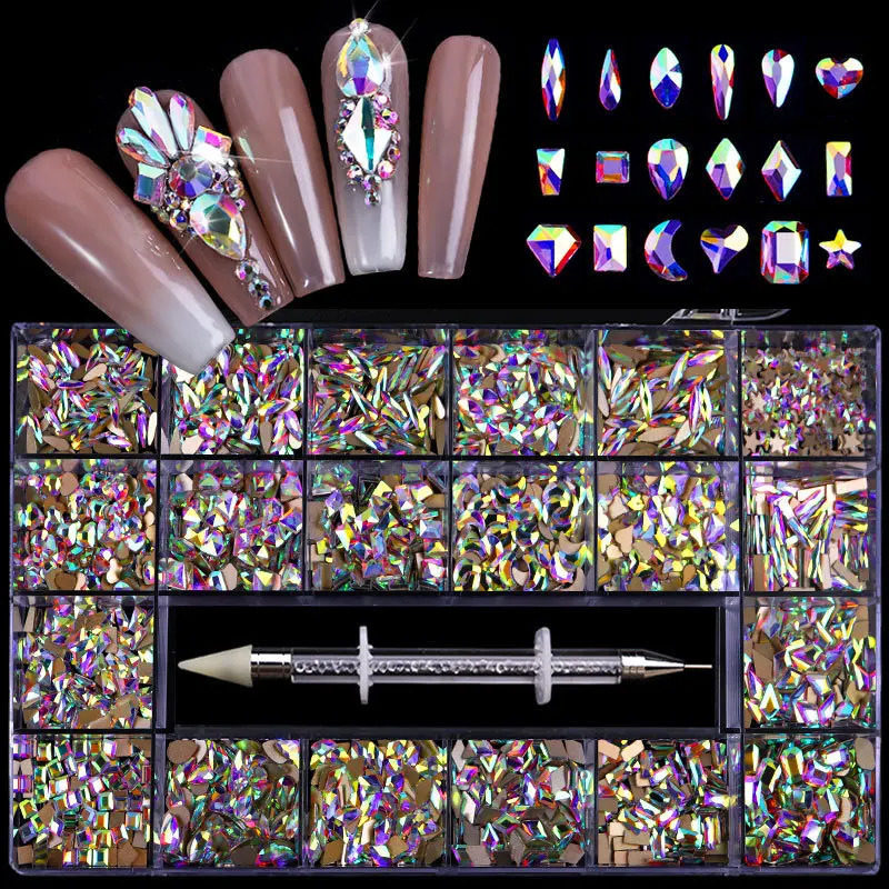 2500pcs Shiny Diamond Nail Art Rhinestones Crystal Decorations Set AB Glass 1pcs Pick Up Pen In Grids Box 21 Shape 241226
