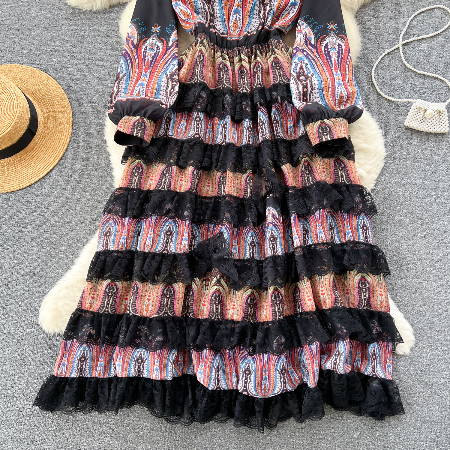 Casual Dresses Spring Runway Silk Chiffon Lace Cascading Dress Womens O-Neck Lantern Sleeve Oil Painting Printing Long Robe