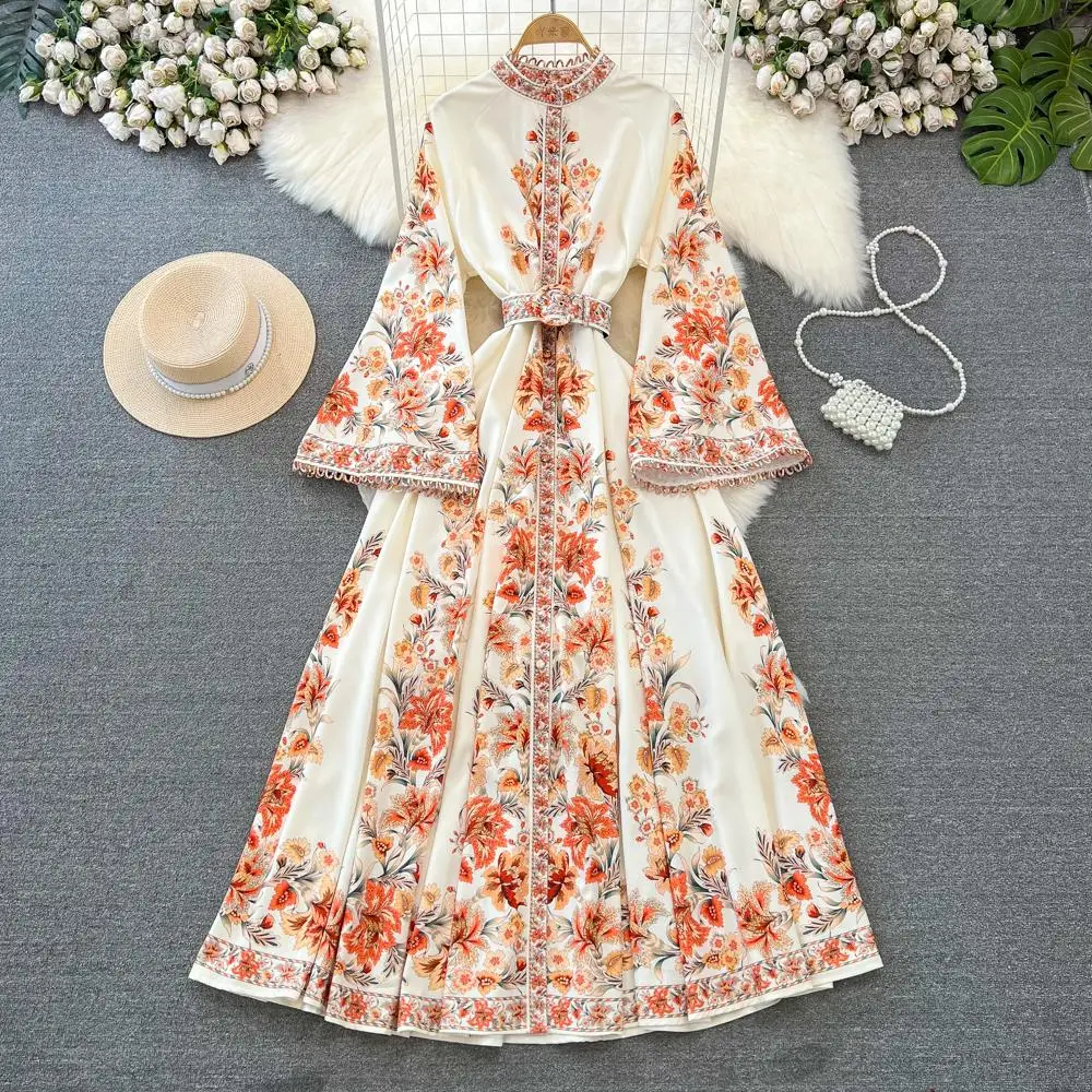 Basic Casual Dresses High Quality Spring Fashion Runway Maxi Dress Women Flare Long Sleeve High Waist Hollow Out Hem Belt Print Party Vestidos 2024