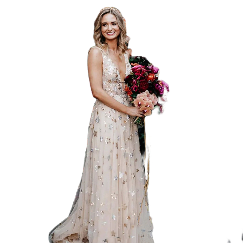 Shiny Boho Wedding Dress Star Sequins Embroidery V-Neck Backless Sexy Long Bridal Gowns Sleeveless Summer Vintage Beach Champagne Tulle Bride Dresses 