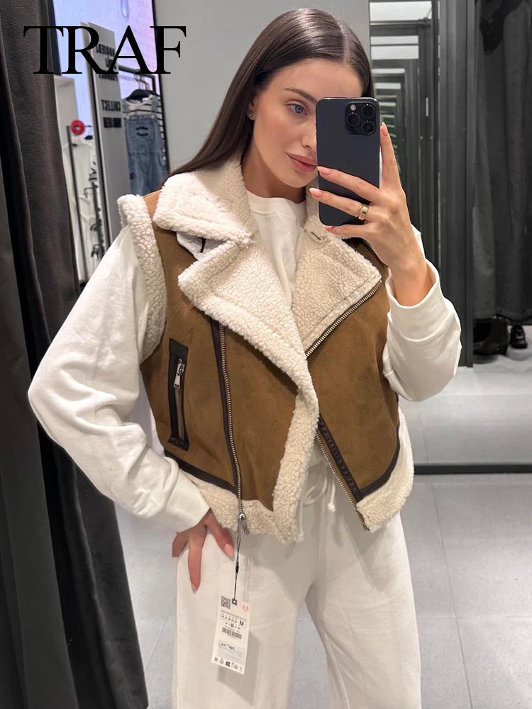 Womens Vests TRAF Autumn Female Fashion Faux Leather Lambswool Patchwork Sleeveless Vest Jacket Thickening Warm Zip Waistcoats Coat 231202