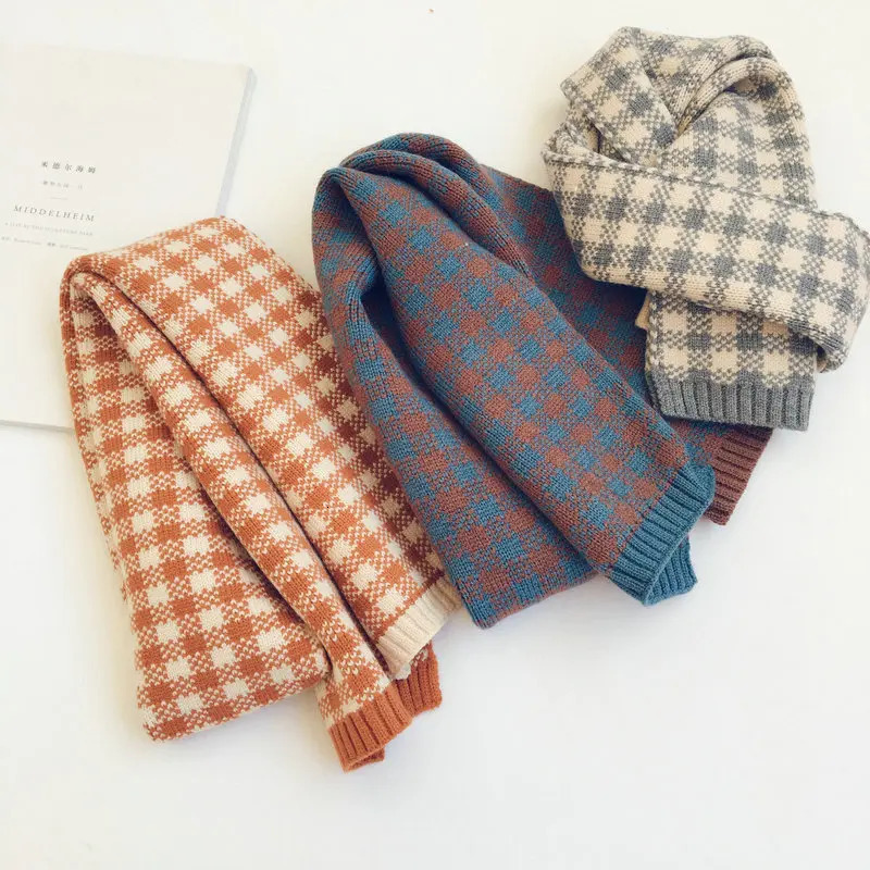 Scarves Wraps Kids Scarf Autumn And Winter Color-blocking Plaid Children's Knitted Scarf Warm Woolen Scarf For Boys And Girls 231202