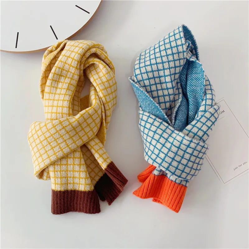 Scarves Wraps Kids Scarf Autumn Korean Version Fashion Children's Knitted Lattice Baby Bib Wool Knitting Winter Warm Girls Boys Scarves 231202