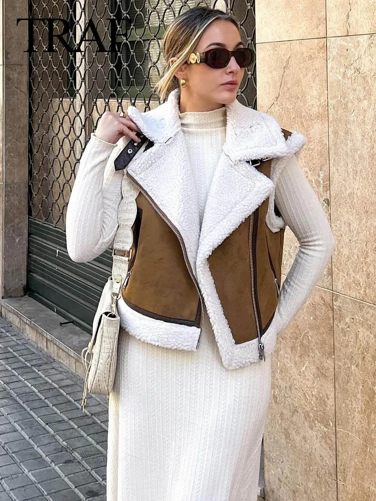 Womens Vests TRAF Autumn Female Fashion Faux Leather Lambswool Patchwork Sleeveless Vest Jacket Thickening Warm Zip Waistcoats Coat 231202