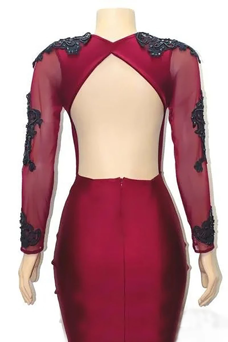 Evening Dresses Dark Red Prom Gown Party Formal Mermaid Trumpet V-Neck Long Sleeve Elastic Satin Black Applique New Custom Backless Zipper Lace Up