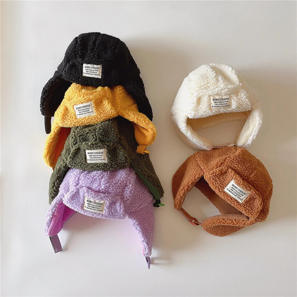 Caps Hats Winter Warm Lamb's Fleece Hat For Kid Girls Children Plush Soft Candy Color Adjustable Cute Hats Boys Ear Protection Cotton Cap 231202