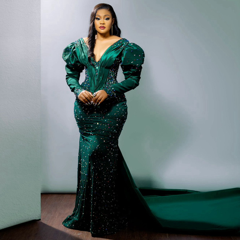 Emerald Green Aso Ebi Plus Size Dresses Long Sleeves Colorful Rehie Mermaid Birthday Party Prom Dress for Black Girls Second Reception Evening ST571