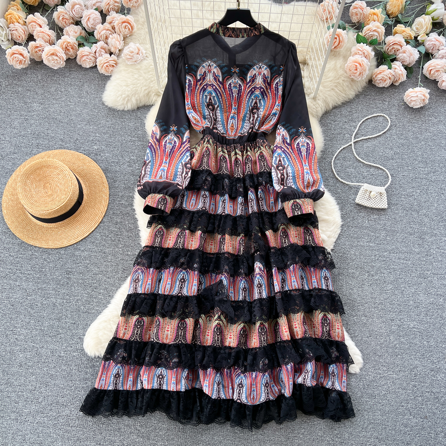 Casual Dresses Spring Runway Silk Chiffon Lace Cascading Dress Womens O-Neck Lantern Sleeve Oil Painting Printing Long Robe