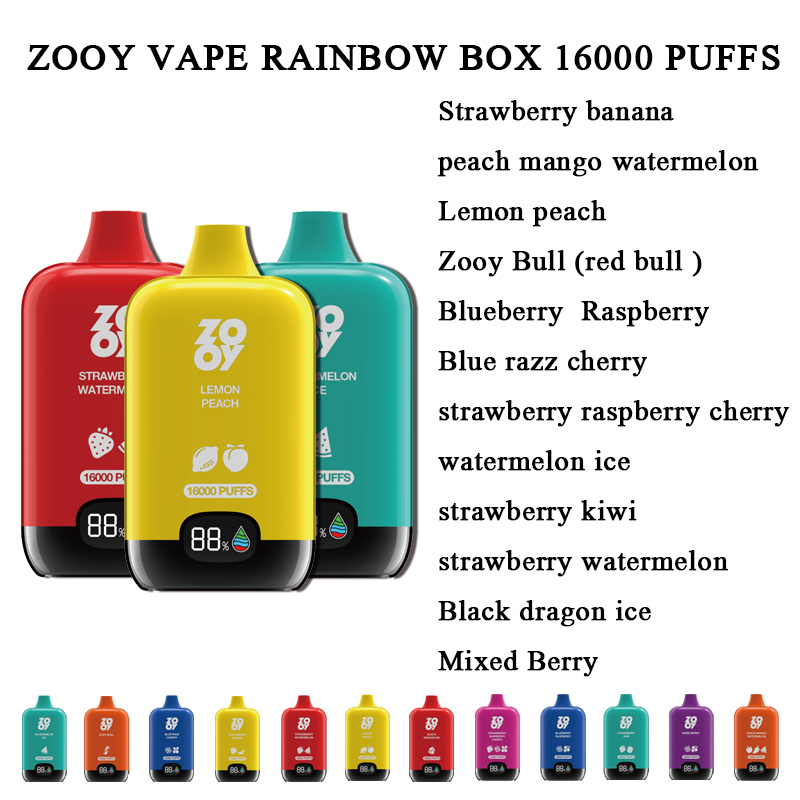 eu warehouse zooy rainbow box 16000 disposable vape box display screen 16000 puff 10k 12k 13k 16k rechargeable batteries prefilled cartridges vaper bar 2%