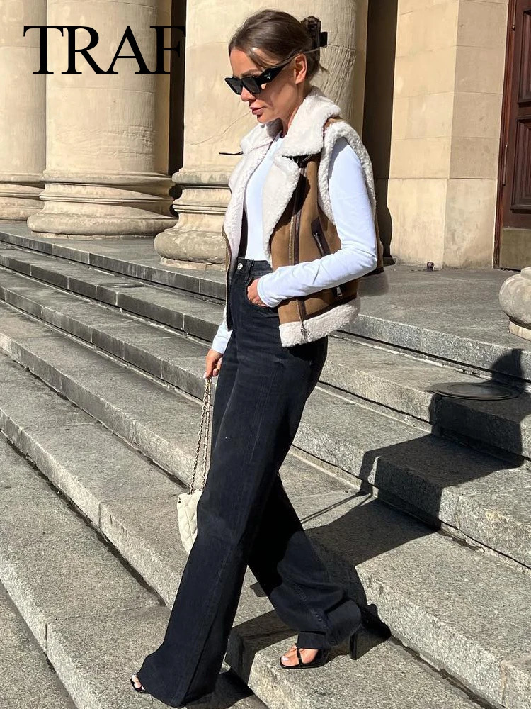 Womens Vests TRAF Autumn Female Fashion Faux Leather Lambswool Patchwork Sleeveless Vest Jacket Thickening Warm Zip Waistcoats Coat 231202