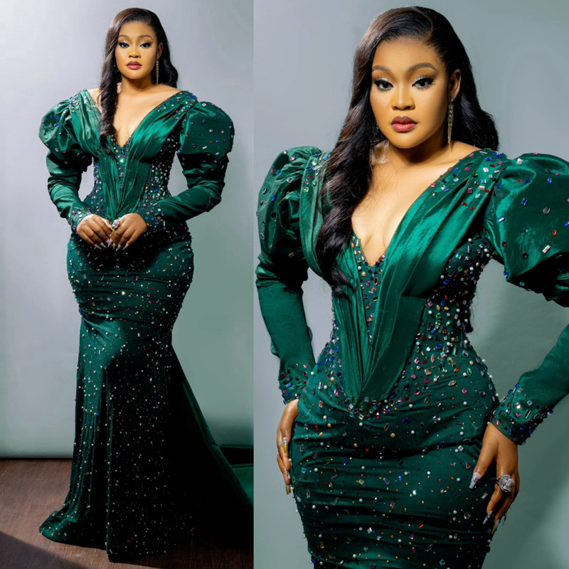 Emerald Green Aso Ebi Plus Size Dresses Long Sleeves Colorful Rehie Mermaid Birthday Party Prom Dress for Black Girls Second Reception Evening ST571