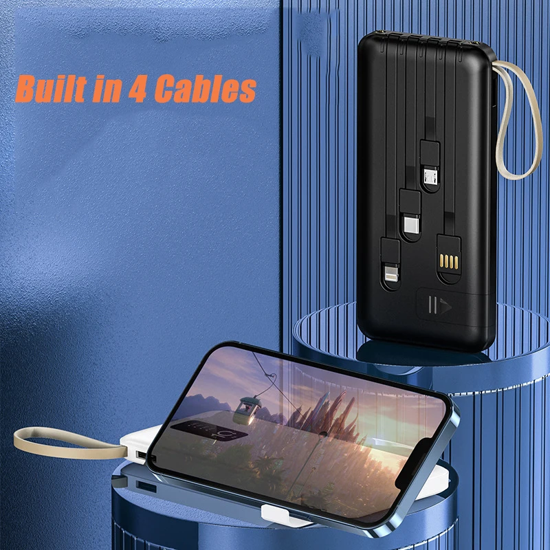 20000mah Power Bank Built in Cable Portable Charger External Battery Pack Powerbank 10000mAh For iPhone Xiaomi Samsung Huawei