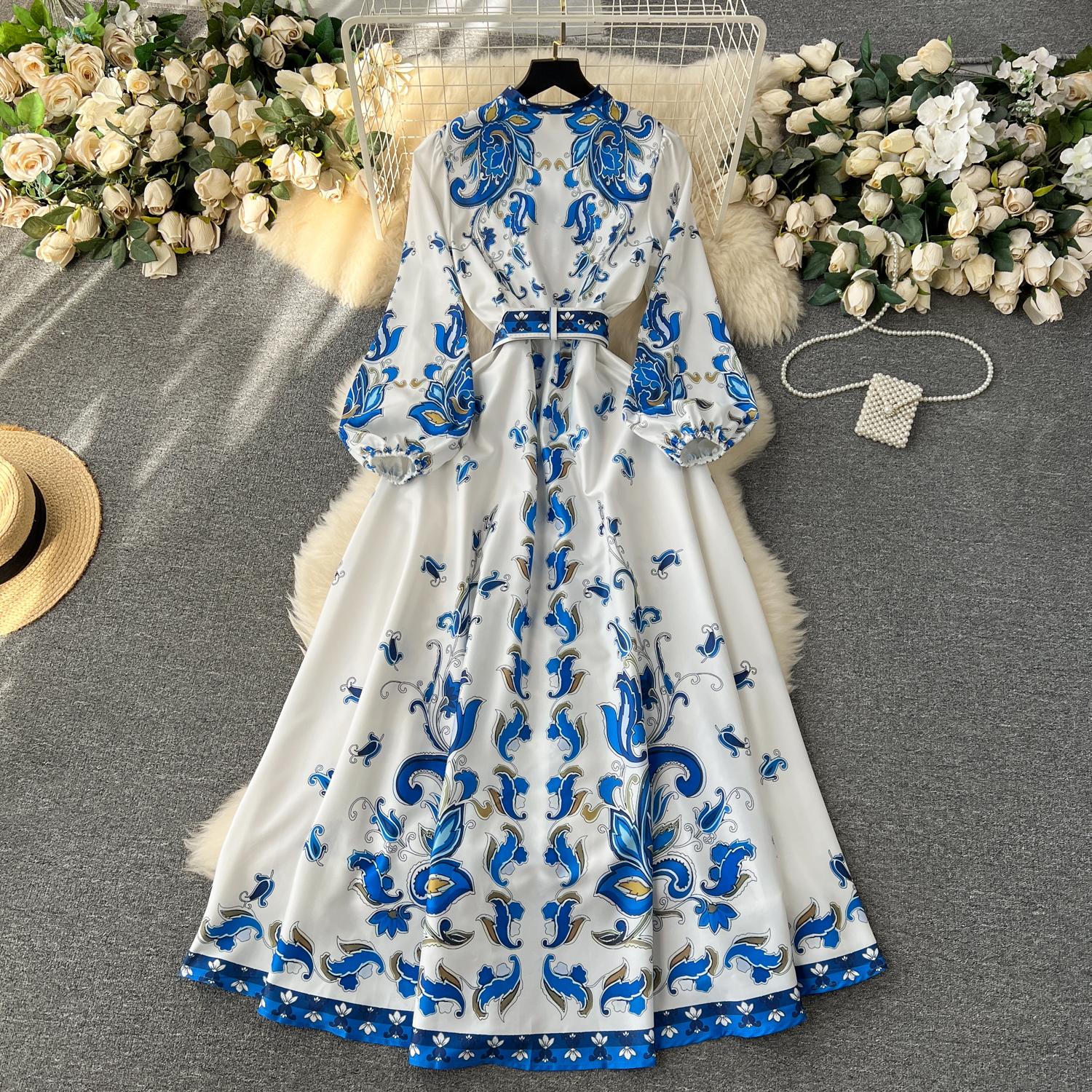 Casual Dresses Autumn Runway Blue Flower Dress Womens Stand Long Sleeve Single Breasted Floral Print Belt Holiday Boho Maxi Vestidos