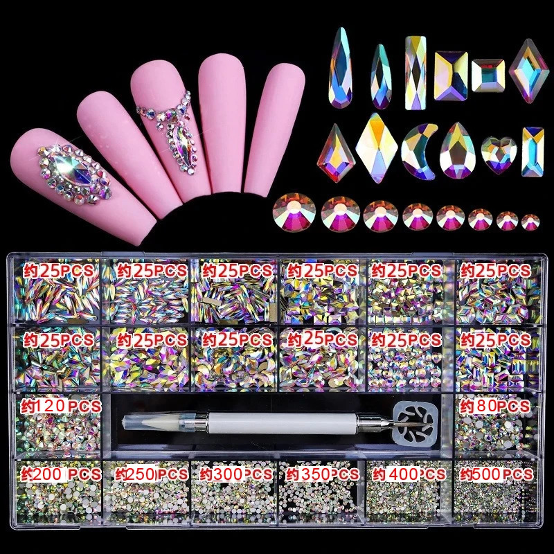 2500pcs Shiny Diamond Nail Art Rhinestones Crystal Decorations Set AB Glass 1pcs Pick Up Pen In Grids Box 21 Shape 241226