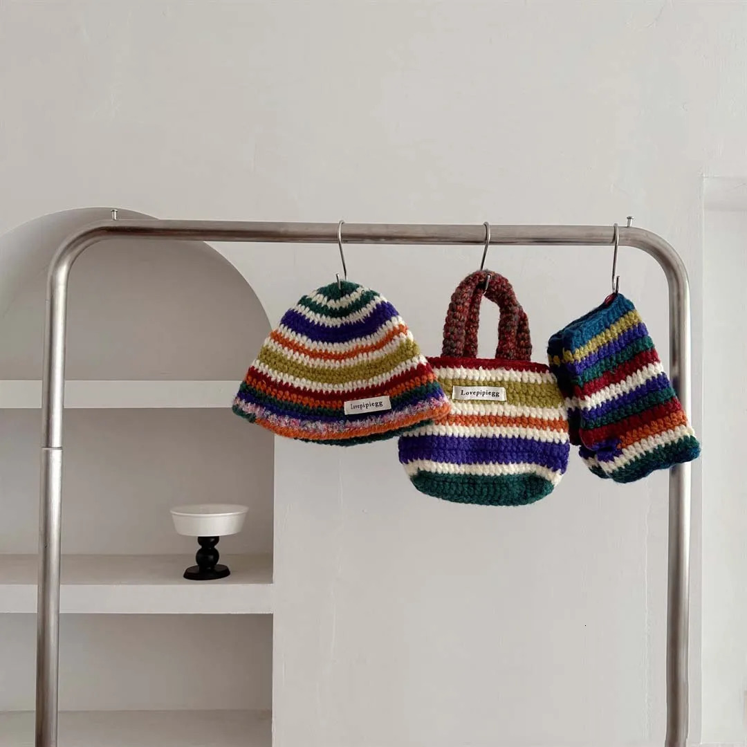 Caps Hats Autumn Winter Striped Mother Kids Knitted Hat Vintage Hand Hook Colorful Wool Hat Handbag Warm Knitted Gloves 231202